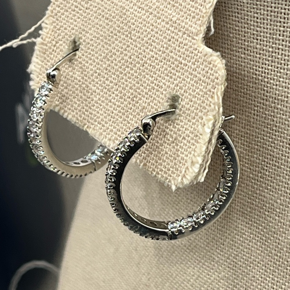 Vintage Ross-Simons Sterling Silver Hoop Earrings with CZ – Snapbar In & Out - Picture 5 of 17